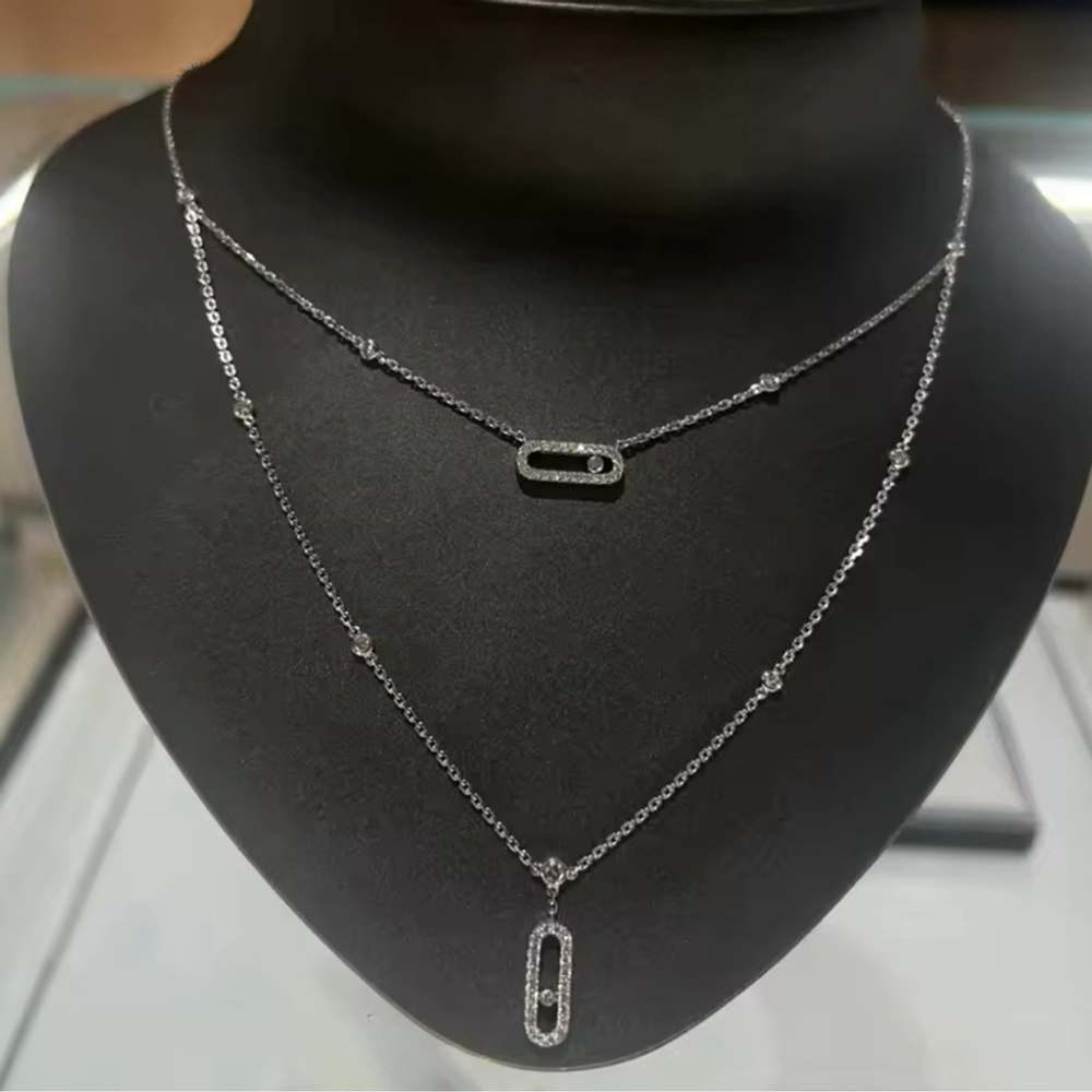 14K White Gold Layered Geometrical Link Paperclip Diamond Necklace